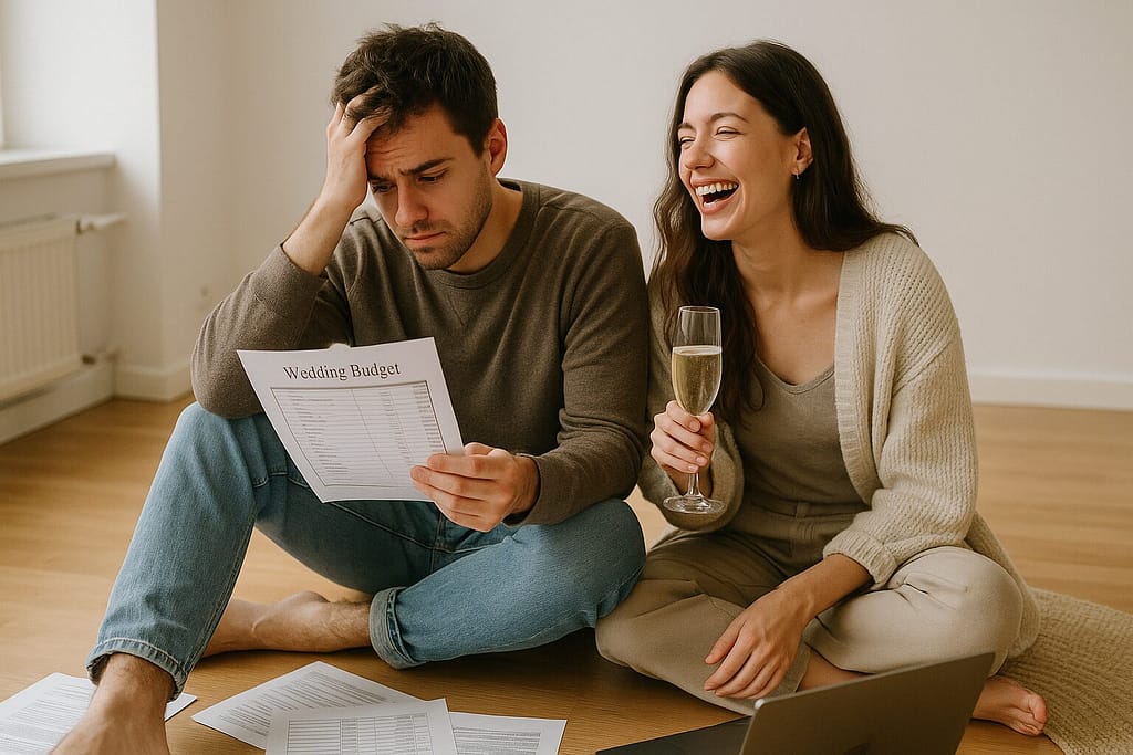 Couple figuring out how to create a wedding budget — man looks overwhelmed with a spreadsheet while woman laughs holding champagne, surrounded by planning papers and a laptop.