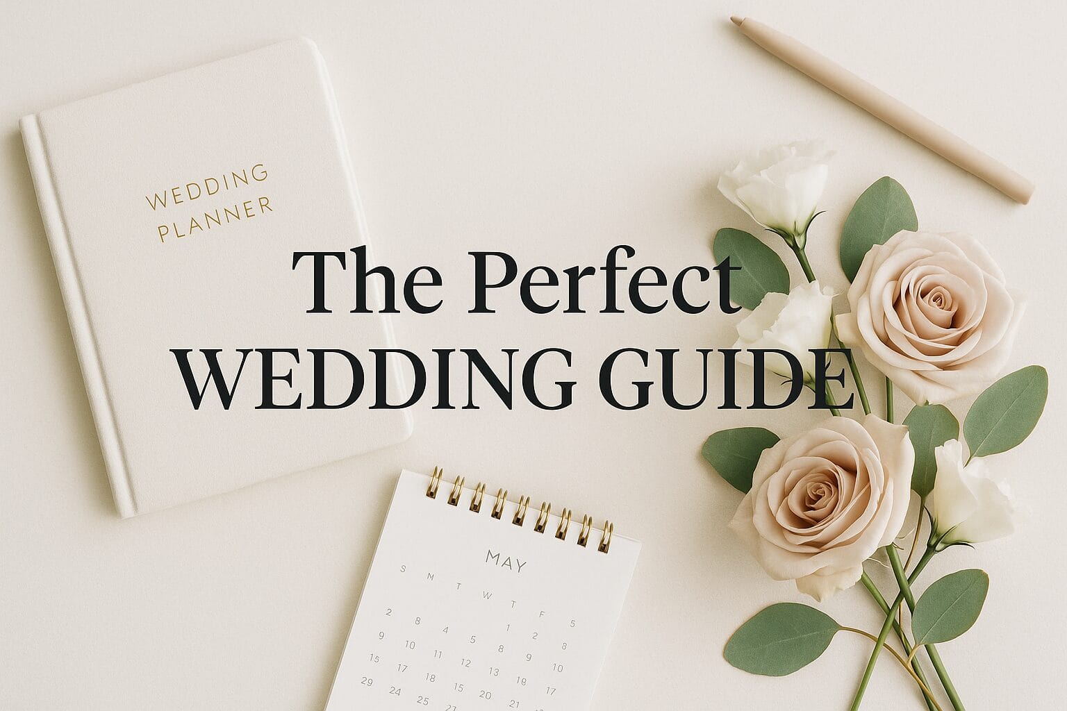 Flat lay image with blush roses, a beige wedding planner notebook, a May calendar, and a neutral pen, overlaid with the title “The Perfect Wedding Guide” in elegant black serif font.